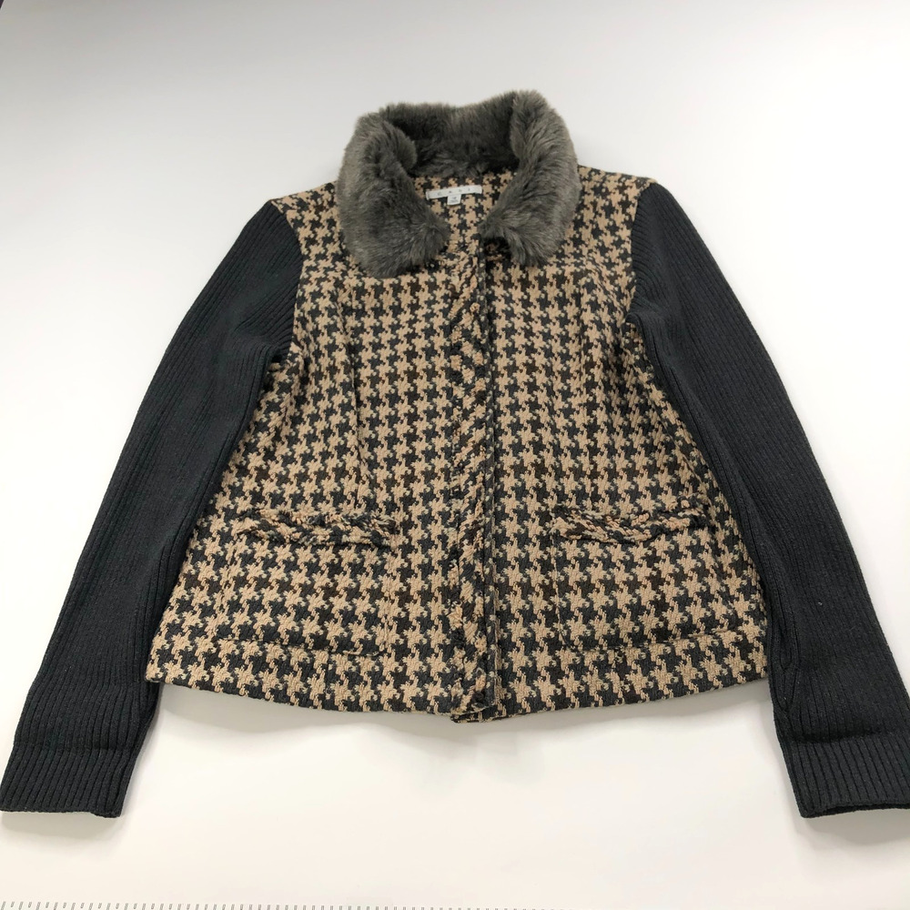 Cabi 12 Houndstooth Faux Fur Neck Full Zip Pullover Sweater Gray MINT 978